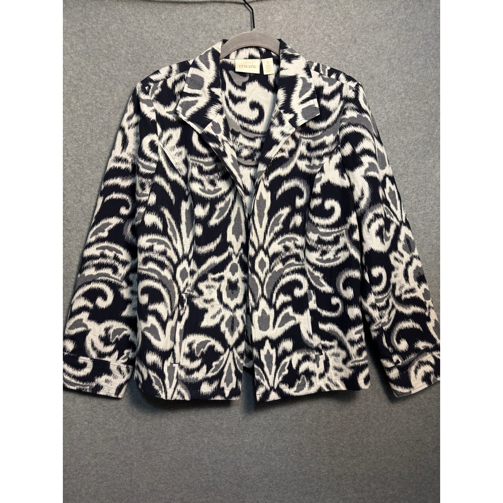 Chico's Open Front Blazer Jacket Womens 1 Navy White Ikat Art to Wear
